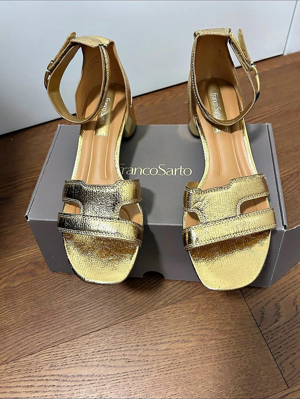 Franco Sarto Nora Ankle Strap Low Block Heel Sandal Gold
